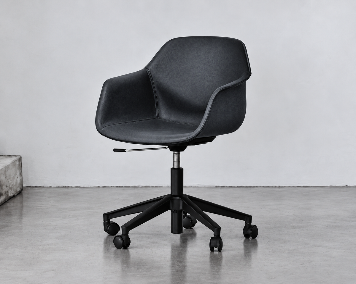 FourMe 66 fully upholstered swivel office chair by Four Design, designed by Strand+Hvass, shown in dark charcoal with a black five-star castor base.